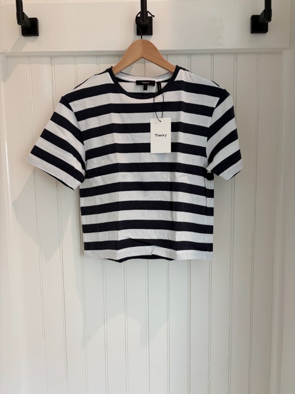 NWT Theory Boxy Crewneck Tee in Striped Navy White Prima Cotton Petite P XS $125